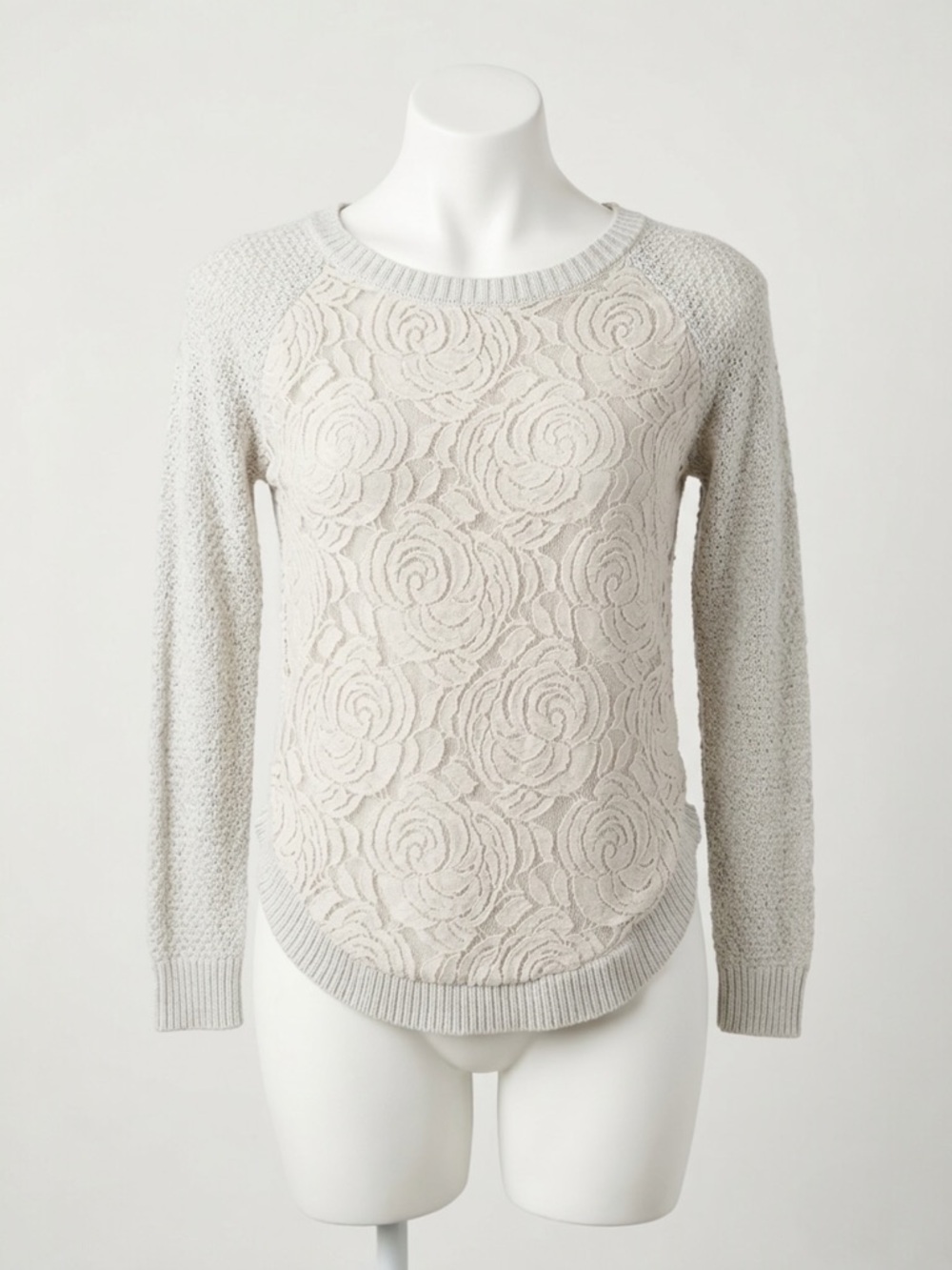 Cloud Chaser Floral Lace Overlay Knit Sweater Coquette Curved Hem Top Size Small